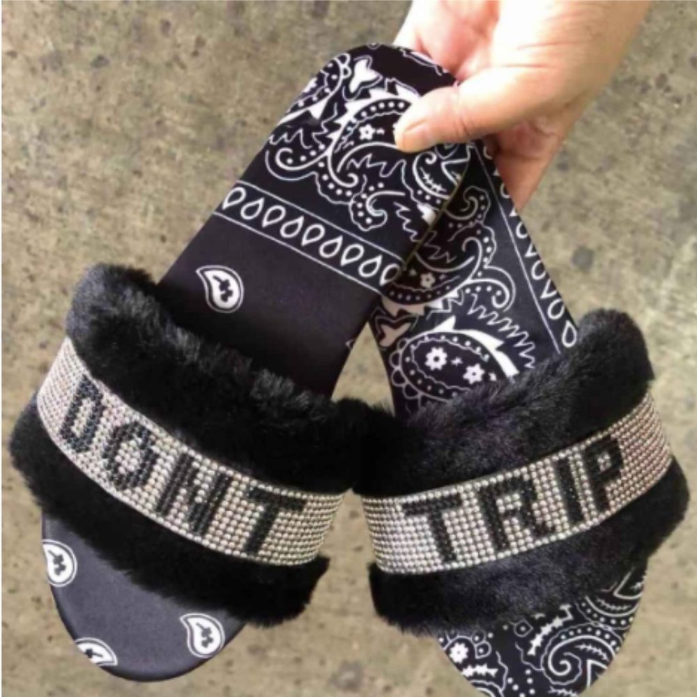 Black Blinged Out Don't Trip Slides - Picture 2 of 3